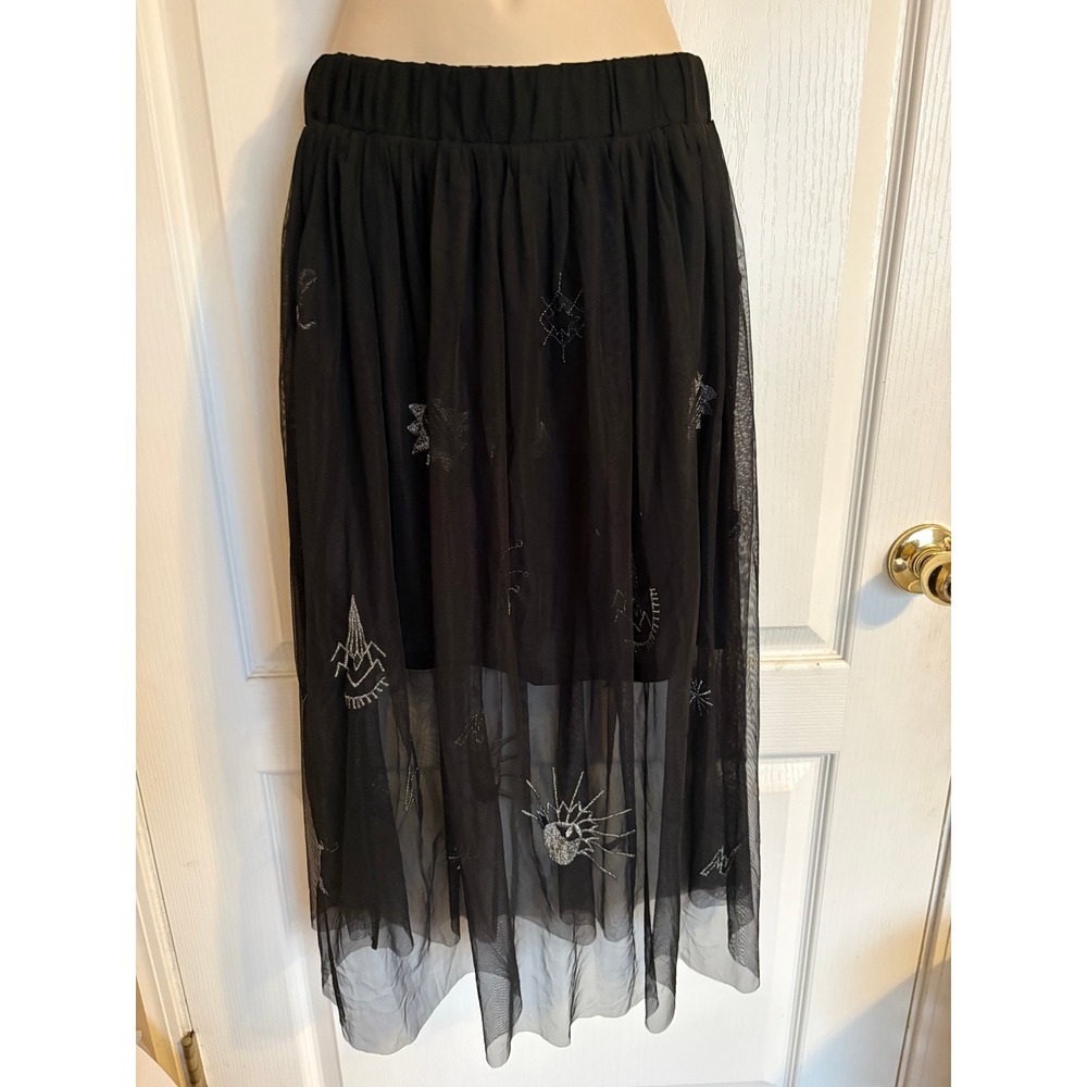 Bongo Womens Black Tulle Celestial Embroidered Midi Skirt Silver Sun Eye Small